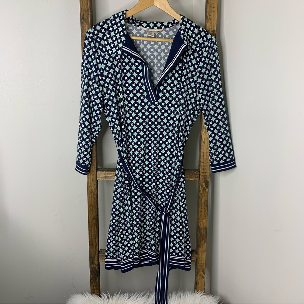 Max Studio Navy and White Patterned Dress L